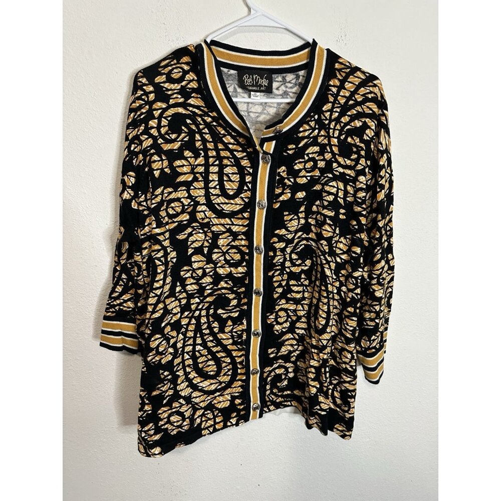 Bob Mackie Wearable Art Button Up Cardigan Size 2X, Mustard and Black
